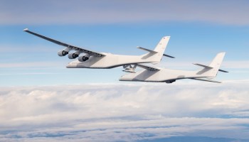 Stratolaunch's Roc airplane in flight for captive-carry test