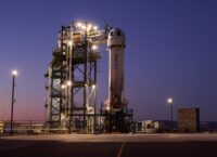 Blue Origin New Shepard suborbital rocket ship on launch pad in 2022