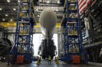 New Glenn pathfinder rocket being rolled out from Blue Origin's Florida factory