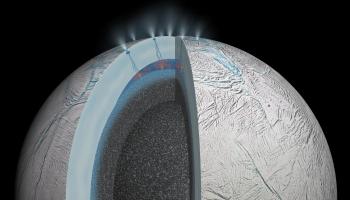 Illustration: Cutaway view of Enceladus with water spewing from surface