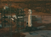 Blue Origin's New Shepard rocket ship on launch pad.